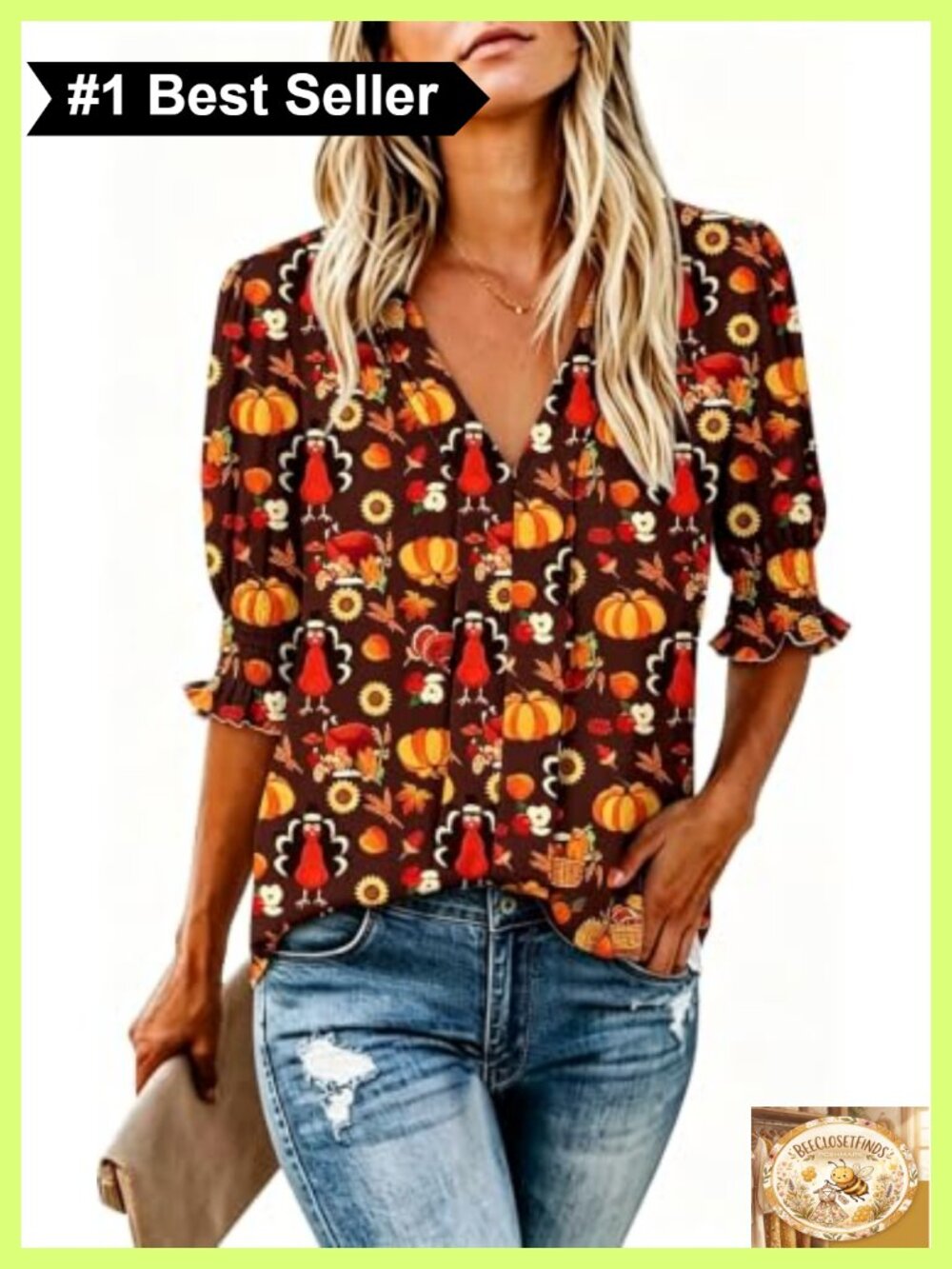 Thanksgiving Blouse Womens V Neck Smocked Sleeve Festive Print Peasant Top